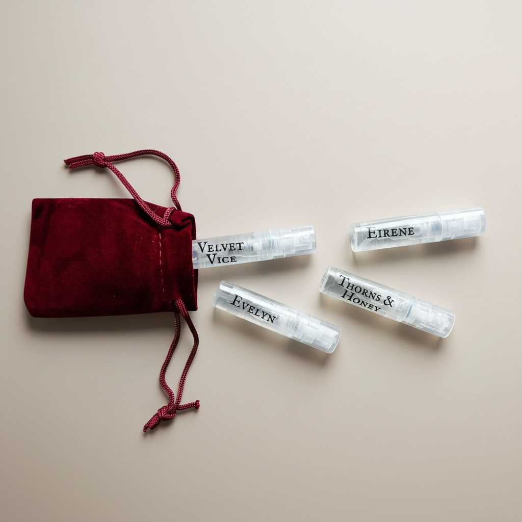 Four small perfume bottles with labels next to a red velvet bag on a beige background