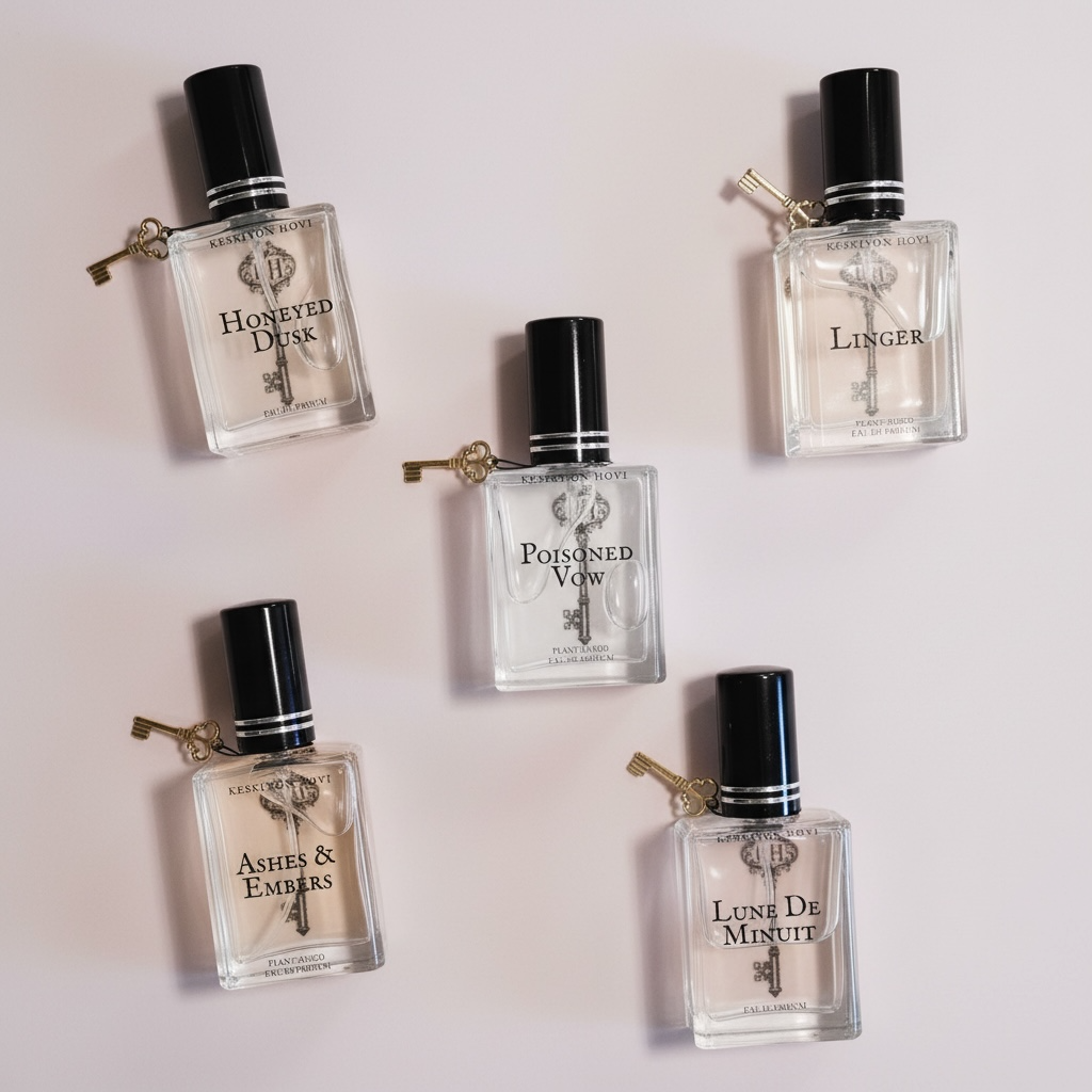 Five perfume bottles with black caps on a light background