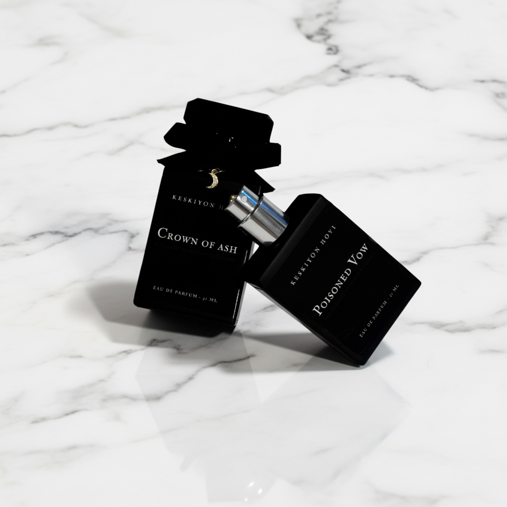 Two black perfume bottles labeled 'Crown of Ash' and 'Poisoned Vow' on a marble surface.