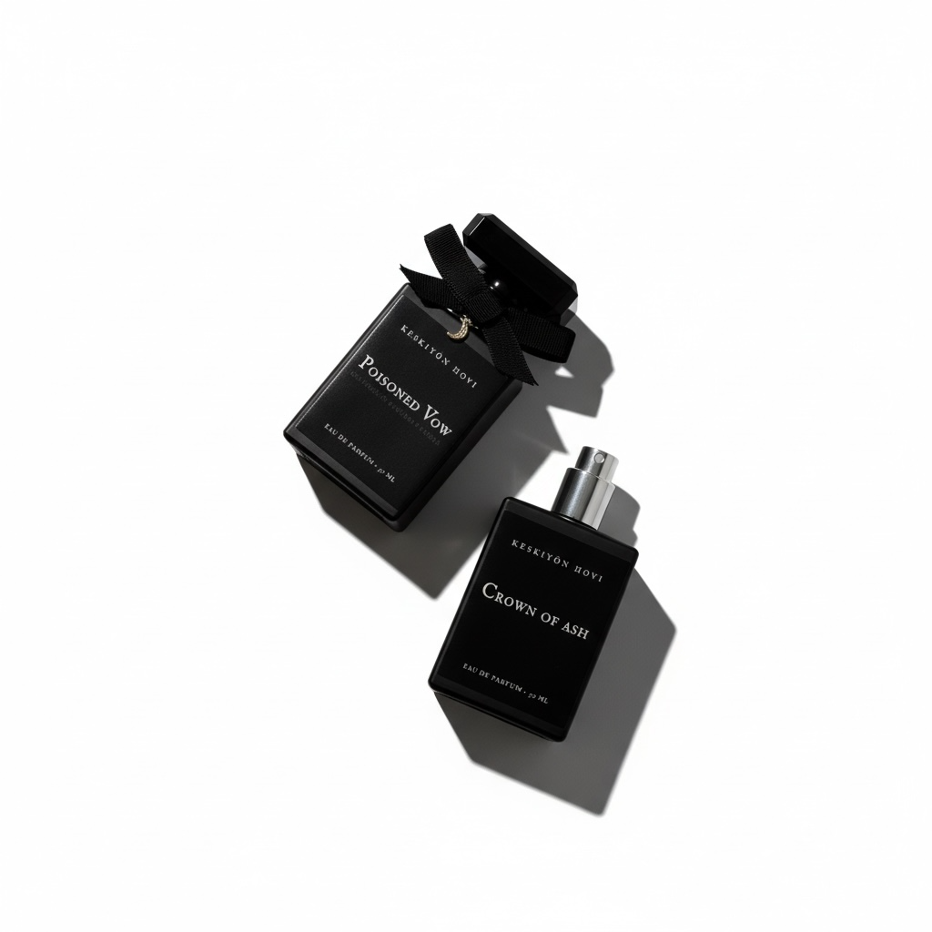 Two black perfume bottles labeled 'Poisoned Vow' and 'Crown of Ash' on a white background.