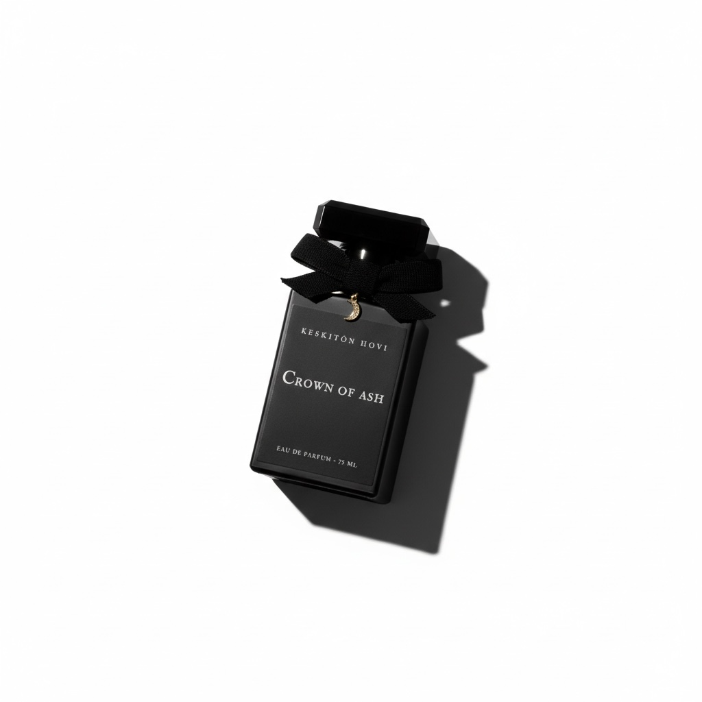 Black perfume bottle with 'Crown of Ash' label on a white background