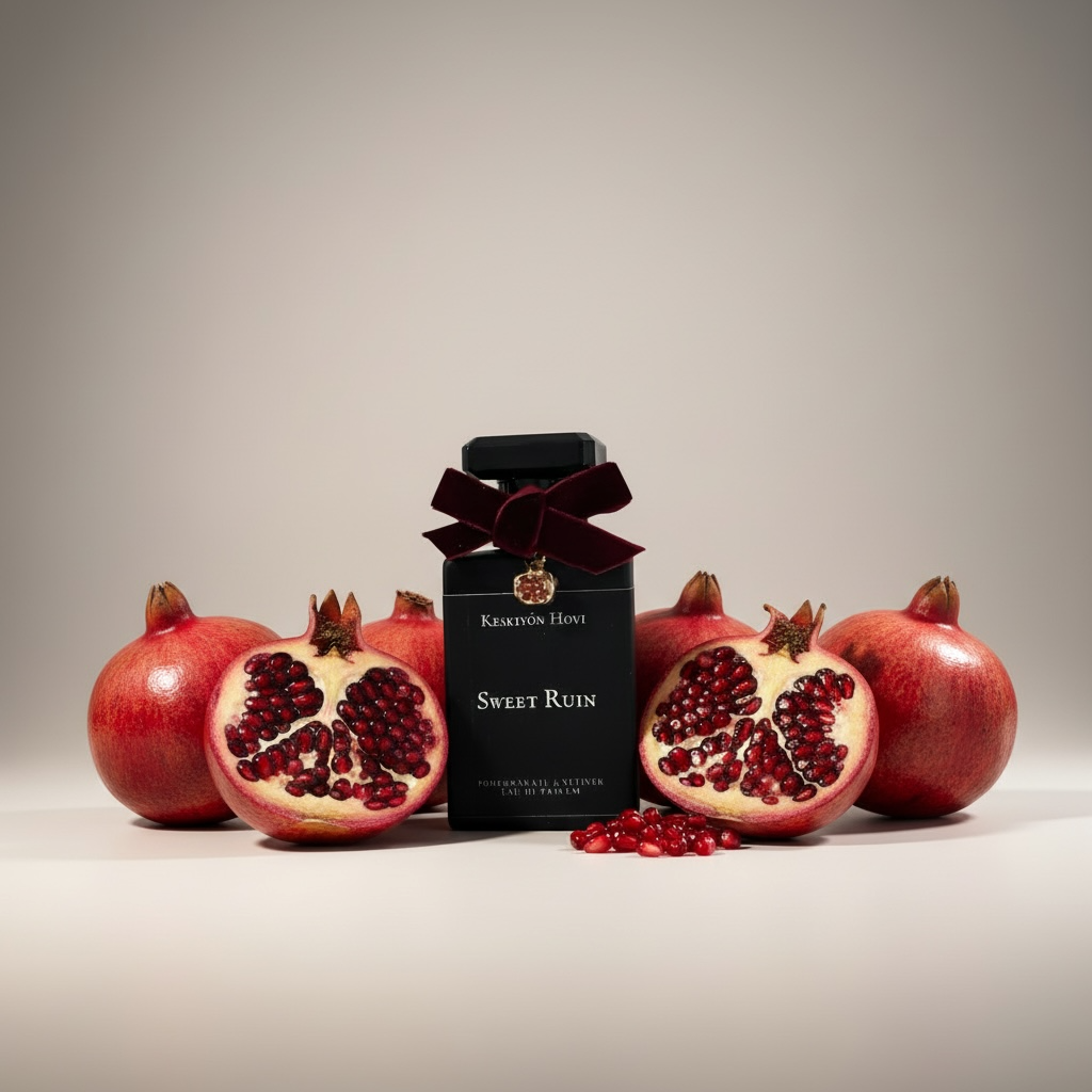 Bottle of 'Sweet Ruin' with pomegranates on a neutral background