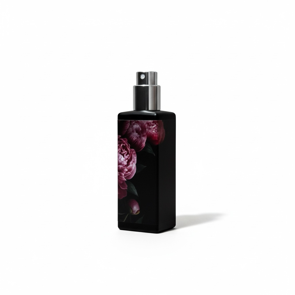 Black spray bottle with floral design on a white background
