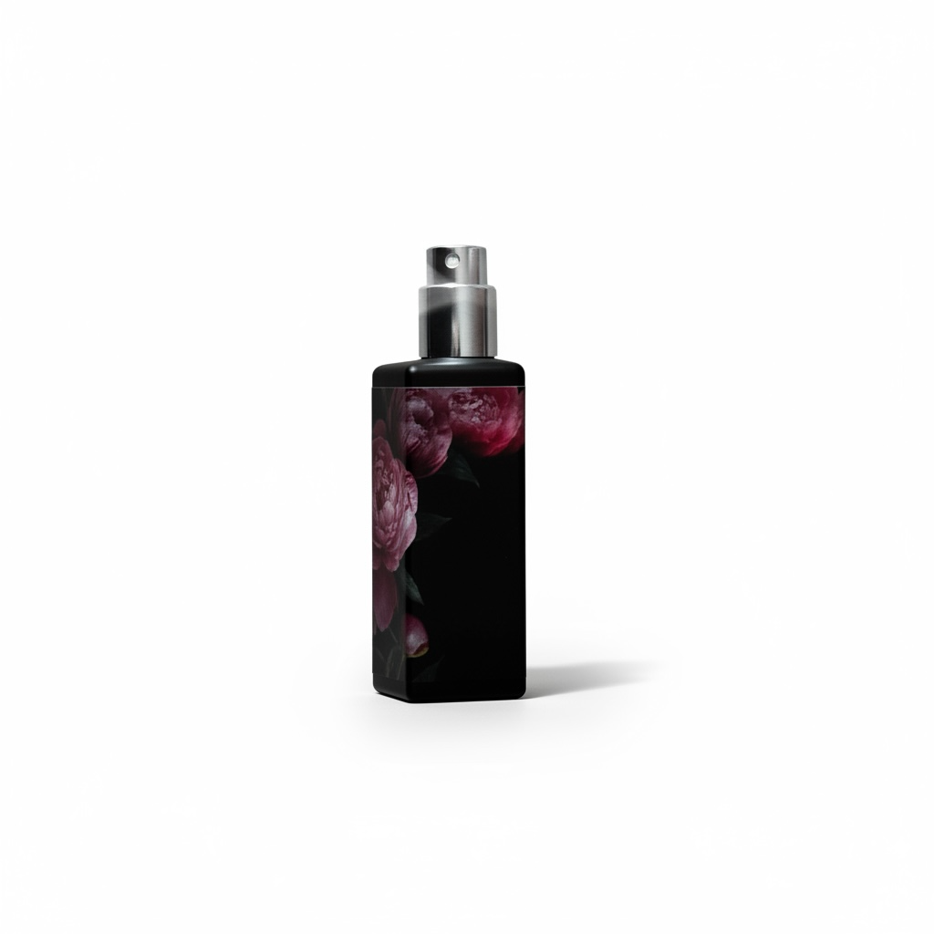 Side view of Red Velvet Perfume. Black perfume bottle with shadowed pink and red peonies.