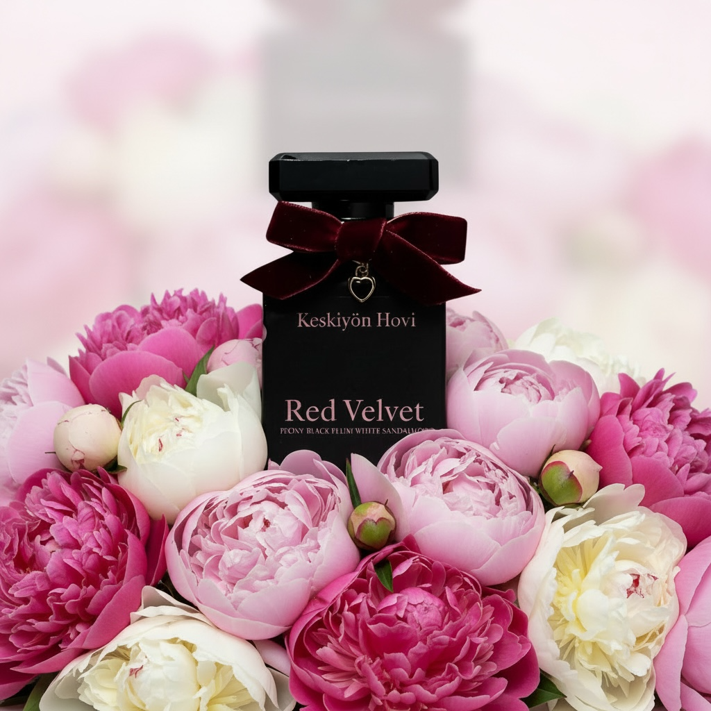 Black perfume bottle with a red bow surrounded by pink and white flowers