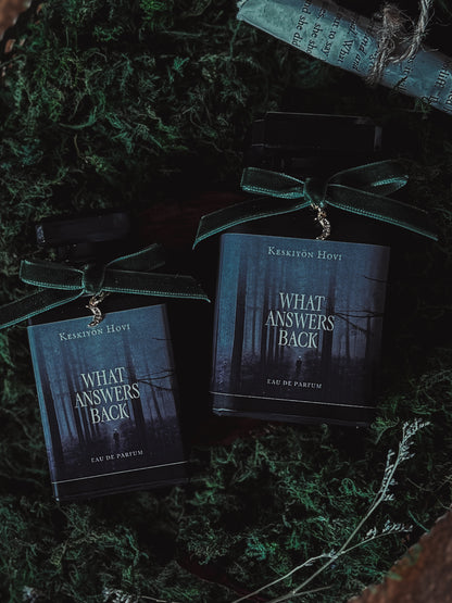 Two 'What Answers Back' perfume bottles with green ribbons on a textured surface.