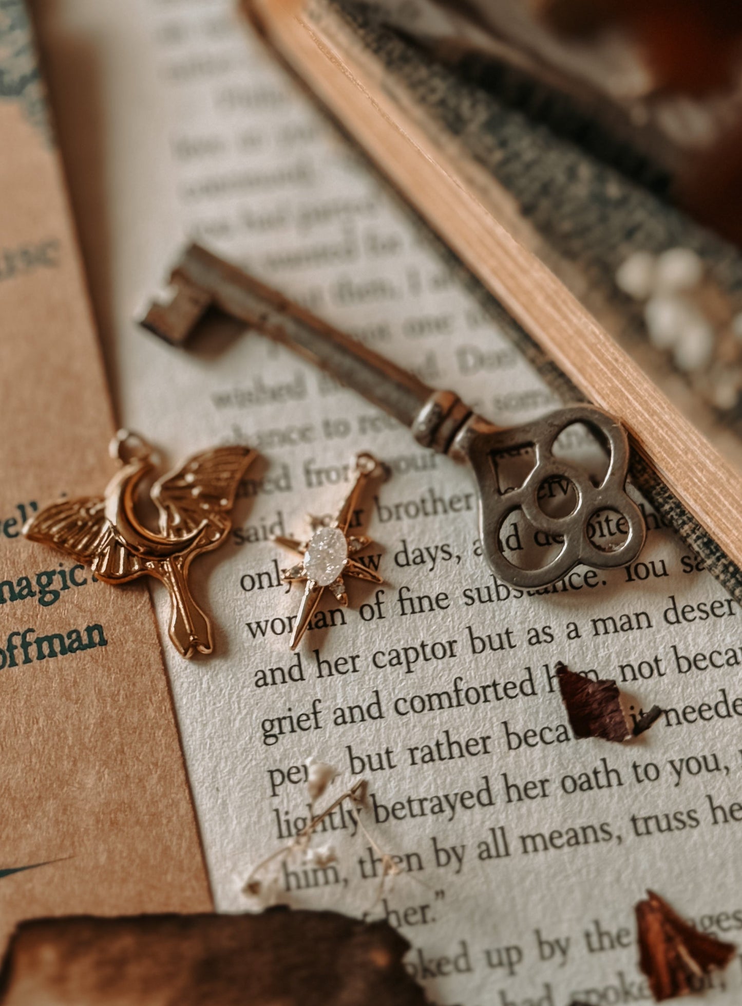 Decorative key with a tag on an open book with dried leaves