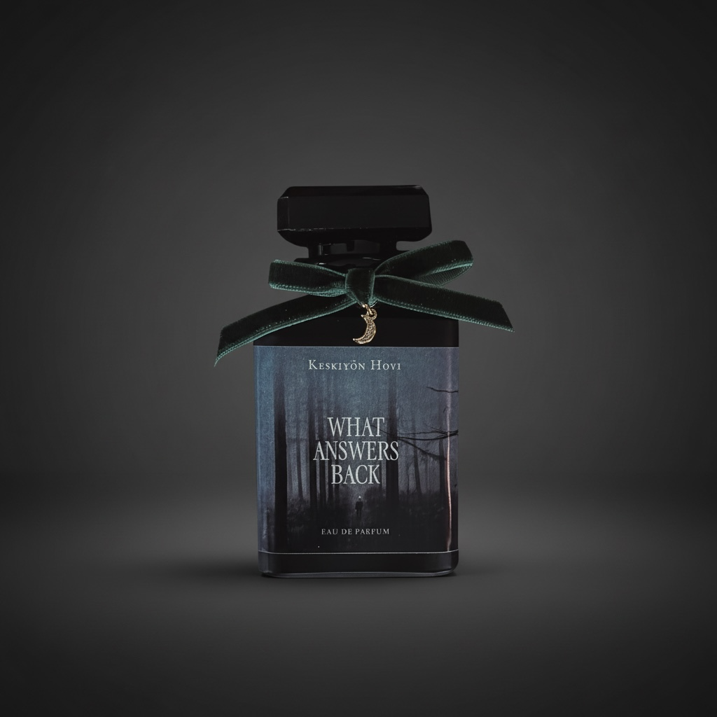 Perfume bottle with a green ribbon on a dark background