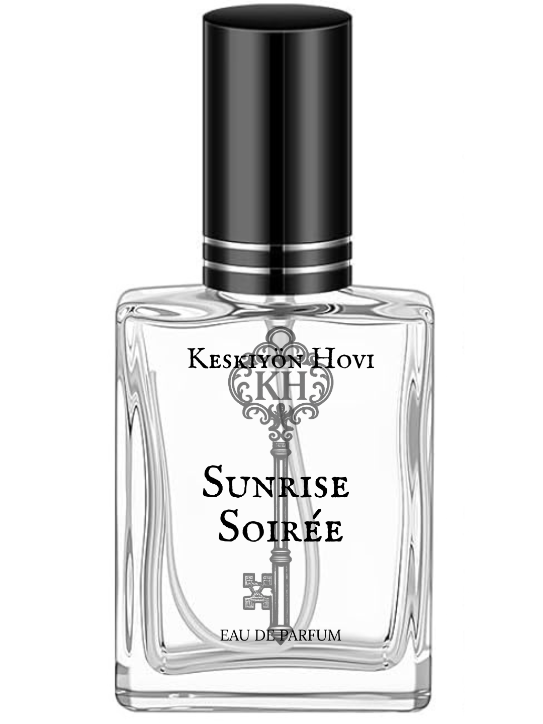 Perfume bottle labeled 'Sunrise Soiree' by Keshyon Hovi on a white background