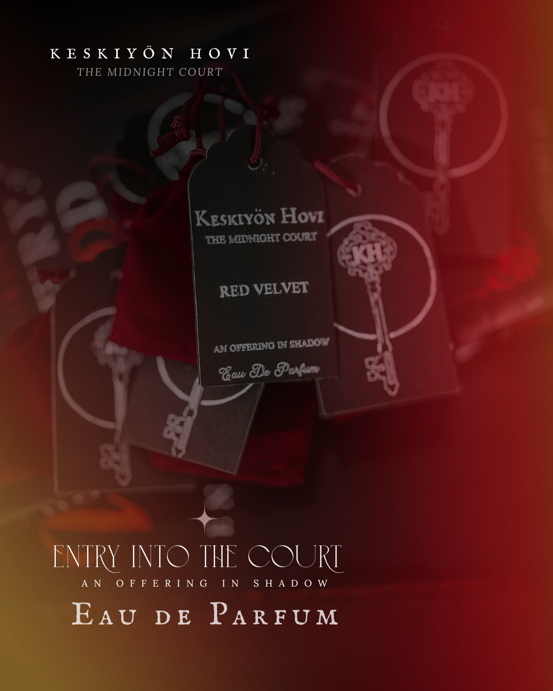 Keskiyon Hovi perfume bottle with tag on a dark red background