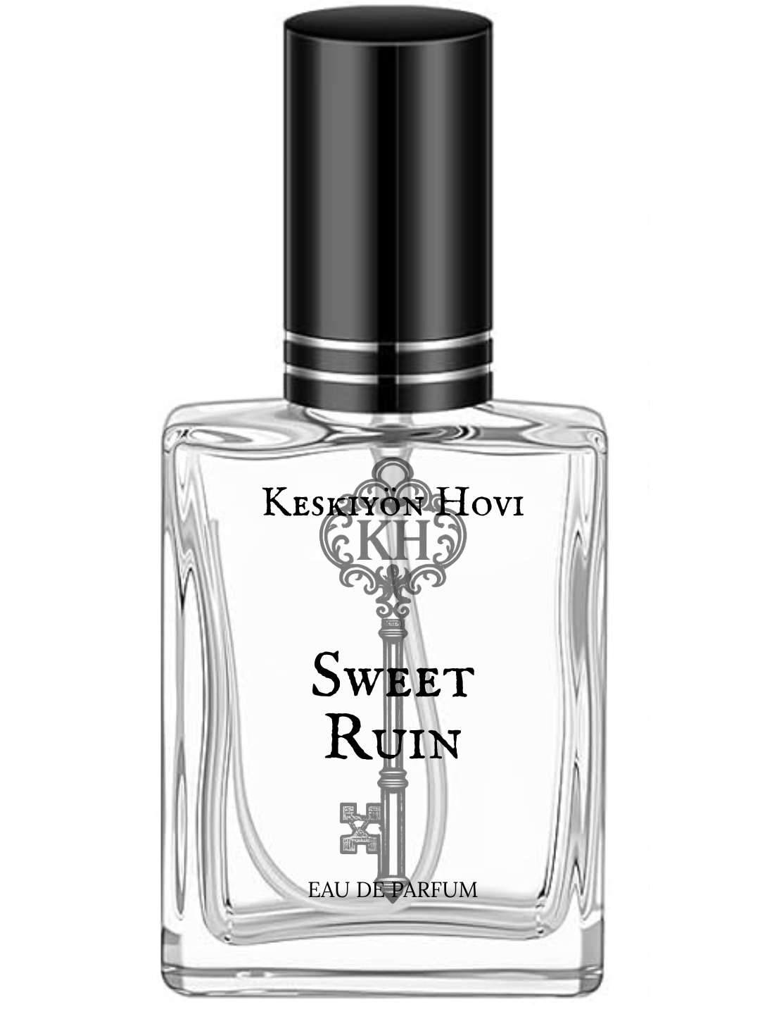 Perfume bottle labeled 'Sweet Ruin' by Keshiyon Hovi on a white background