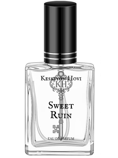 Perfume bottle labeled 'Sweet Ruin' by Keshiyon Hovi on a white background
