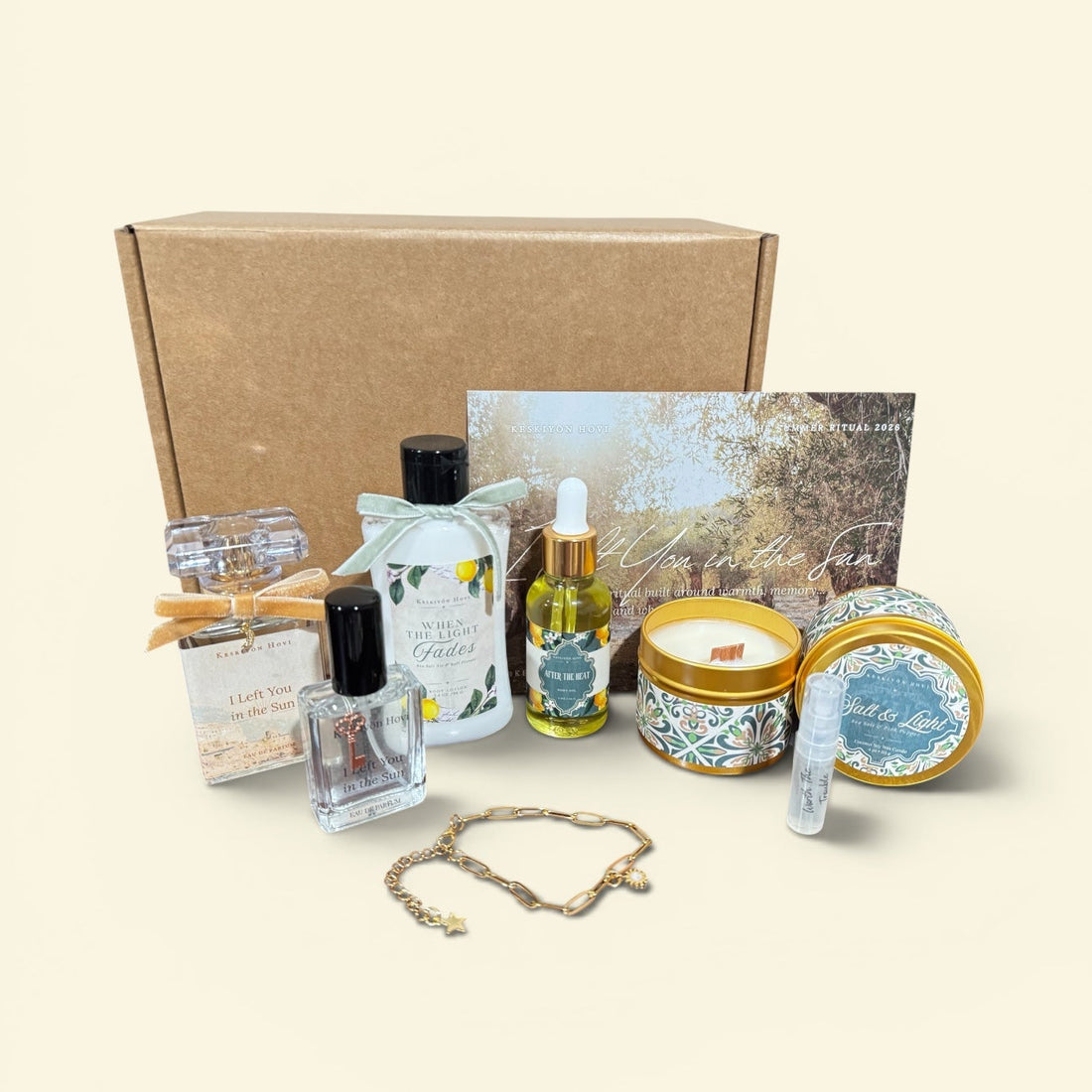 Collection of beauty products and a box on a beige background