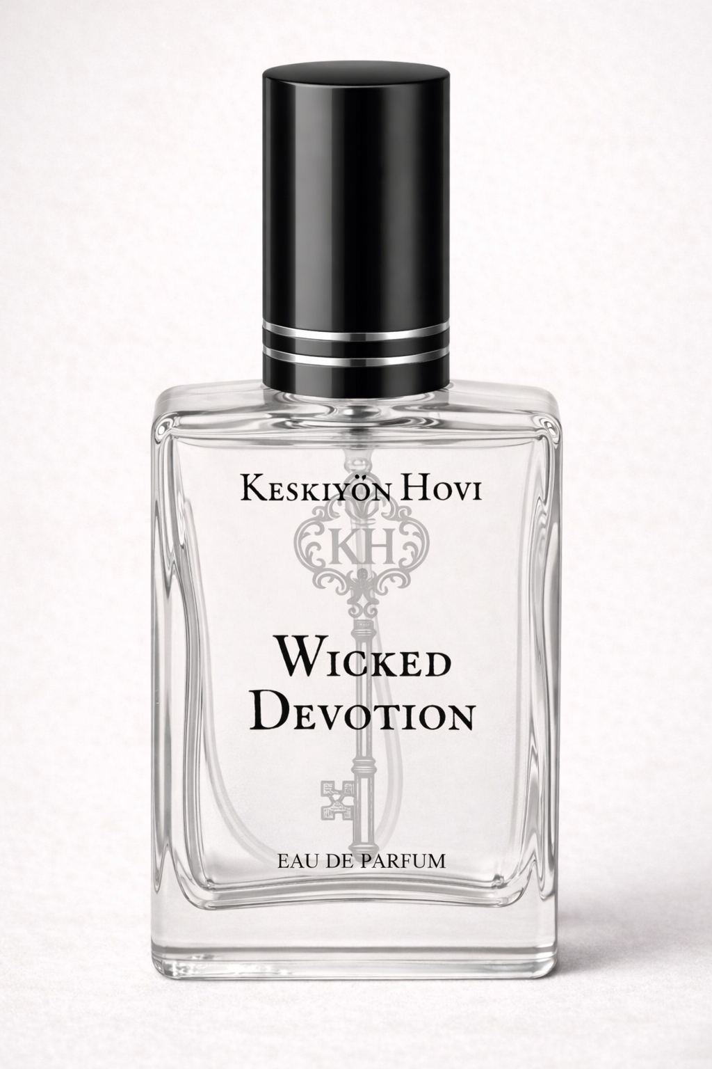 Perfume bottle labeled 'Wicked Devotion' by Keskivön Hovi on a white background